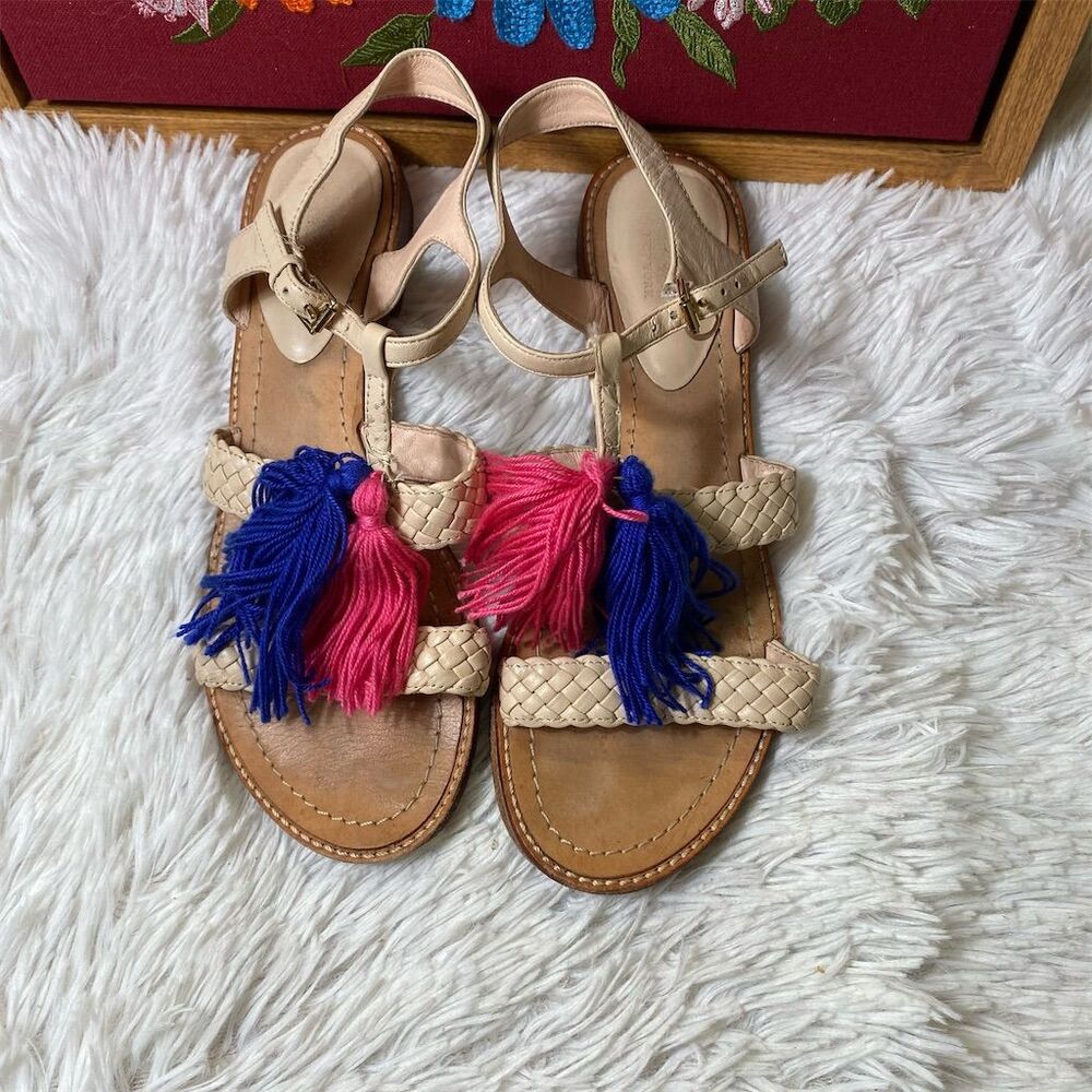 Kate Spade Women's Pom Pom Tassel Sandals Beige Size 7M Summer Casual